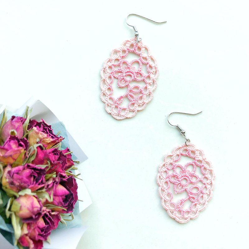 [Customized] Lace Rose Earrings Pink Peach Lace Rose Tatting Earrings - Earrings & Clip-ons - Thread Pink