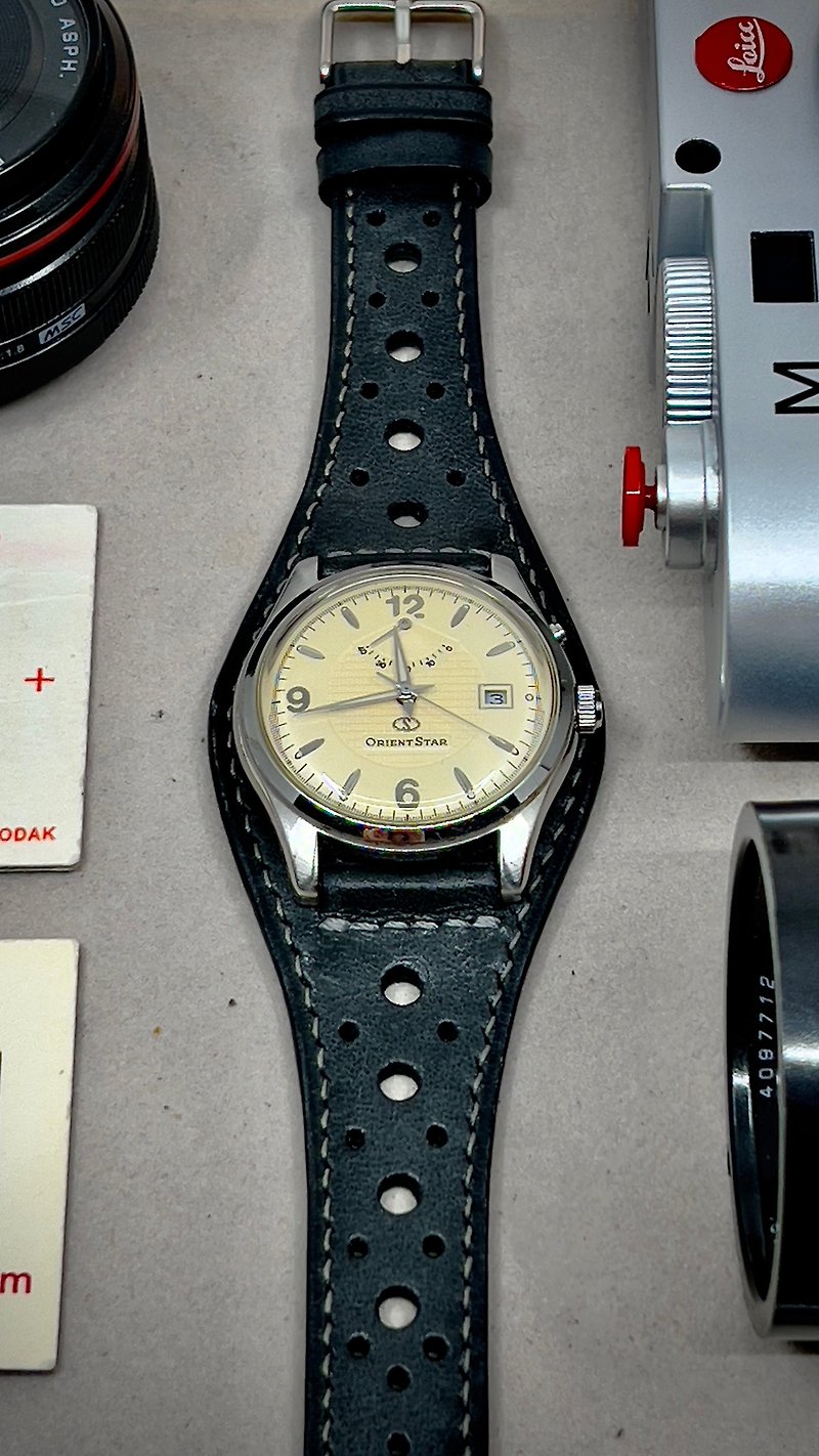 黑皮革錶帶 手工制作 19mm 20mm 布洛克風格錶帶訂製 watch strap - 錶帶 - 真皮 黑色
