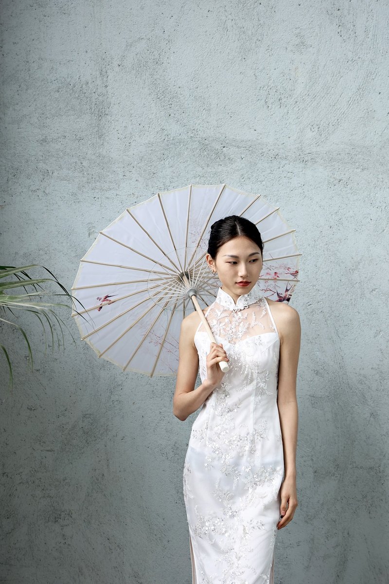 入肩蕾絲花旗袍 | 晚裝禮服 | 高檔旗袍 | 婚紗旗袍 - 旗袍/改良式旗袍 - 其他材質 白色