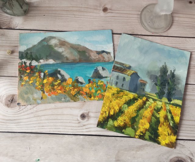 ブドウ園の油絵 オリジナルの風景画 厚塗りの納屋のアートワーク