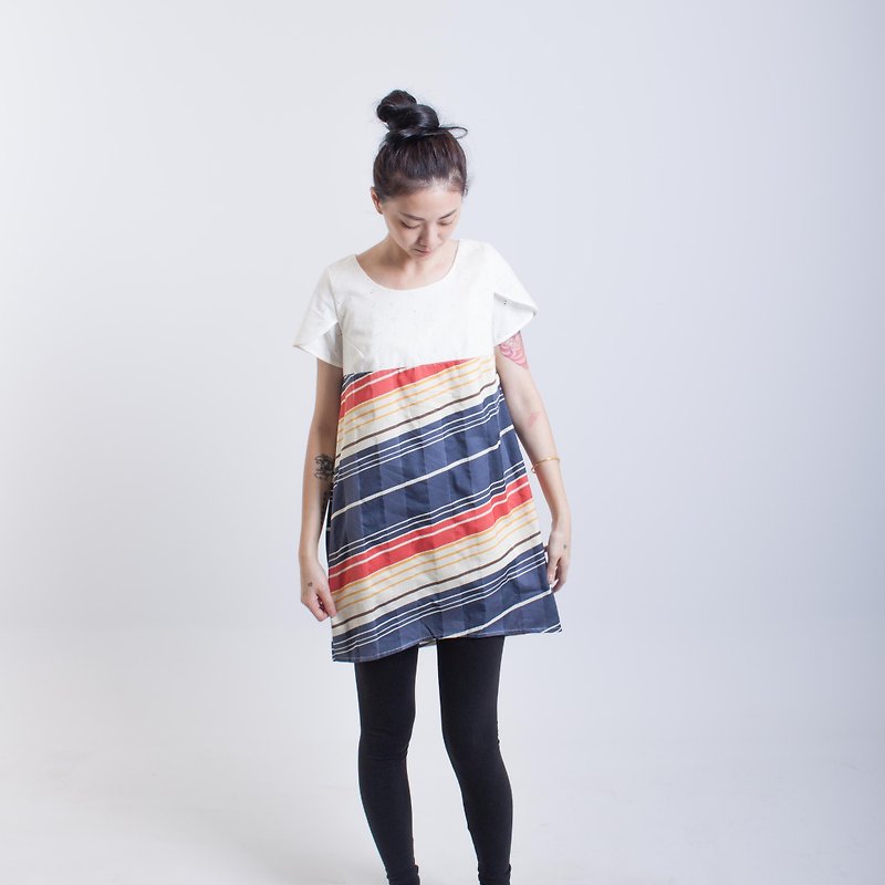 Embroidered Striped Stripes - One Piece Dresses - Cotton & Hemp Multicolor