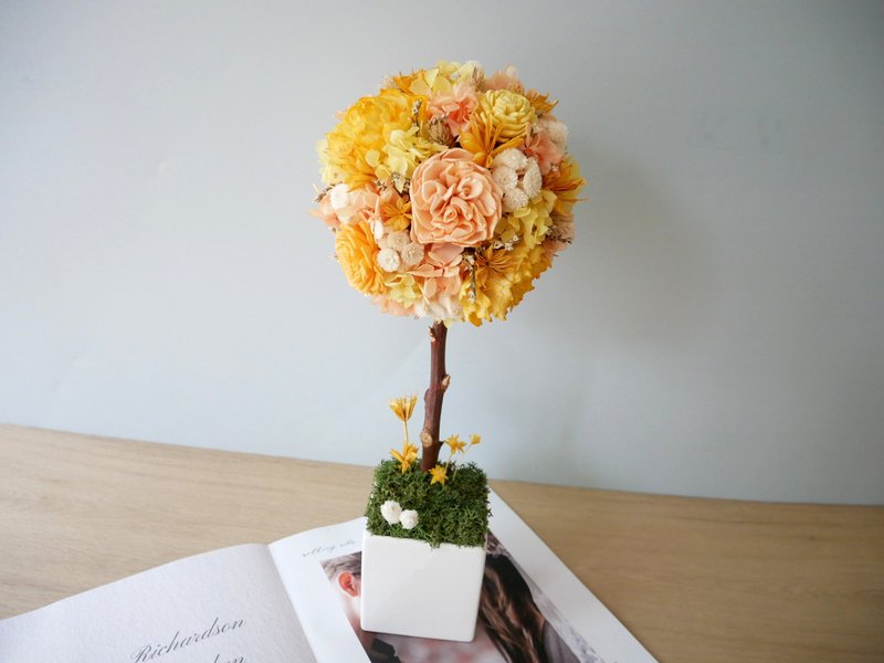 Permanent Hydrangea Ball Tree Pot Flower [Orange Blossom Sparkle] Opening Ceremony/New Home/Business Card Holder/Customized - ตกแต่งต้นไม้ - พืช/ดอกไม้ สีส้ม