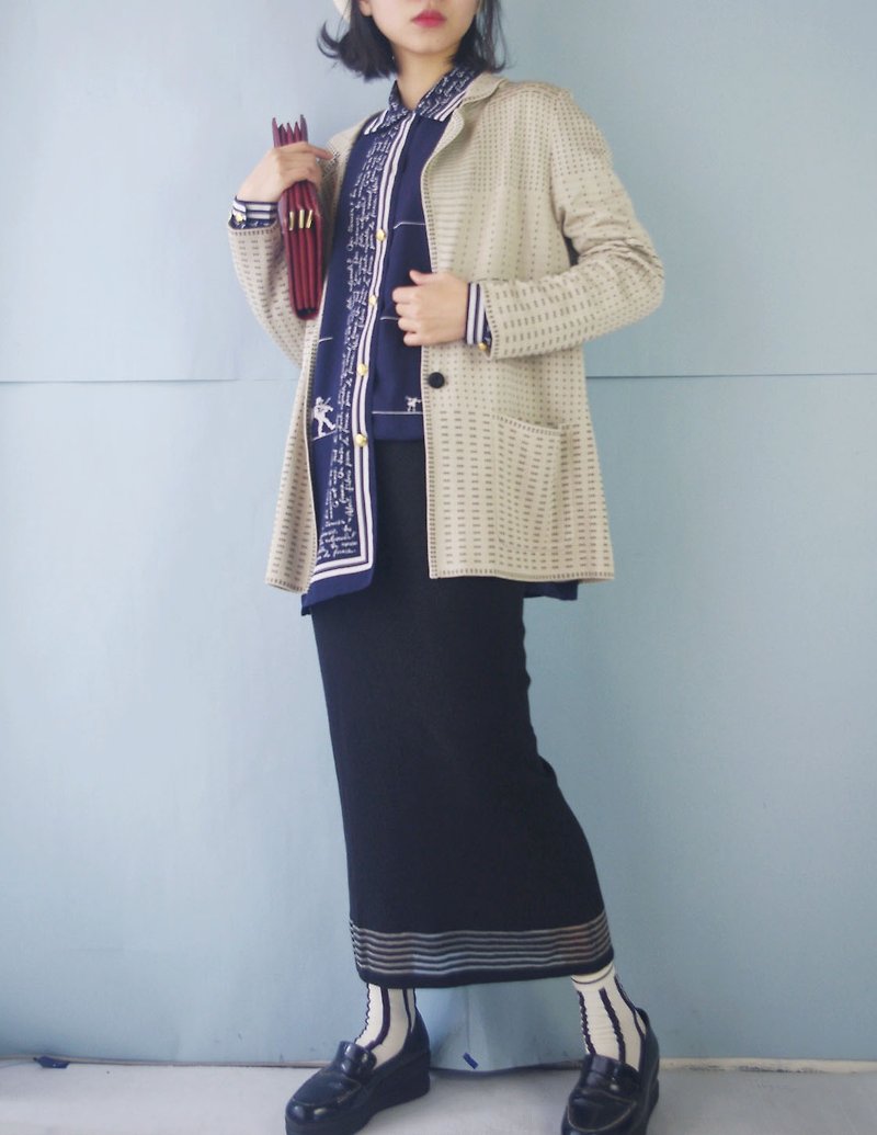 Treasure hunt vintage - dotted damask knit thin suit jacket - เสื้อสูท/เสื้อคลุมยาว - เส้นใยสังเคราะห์ สีกากี