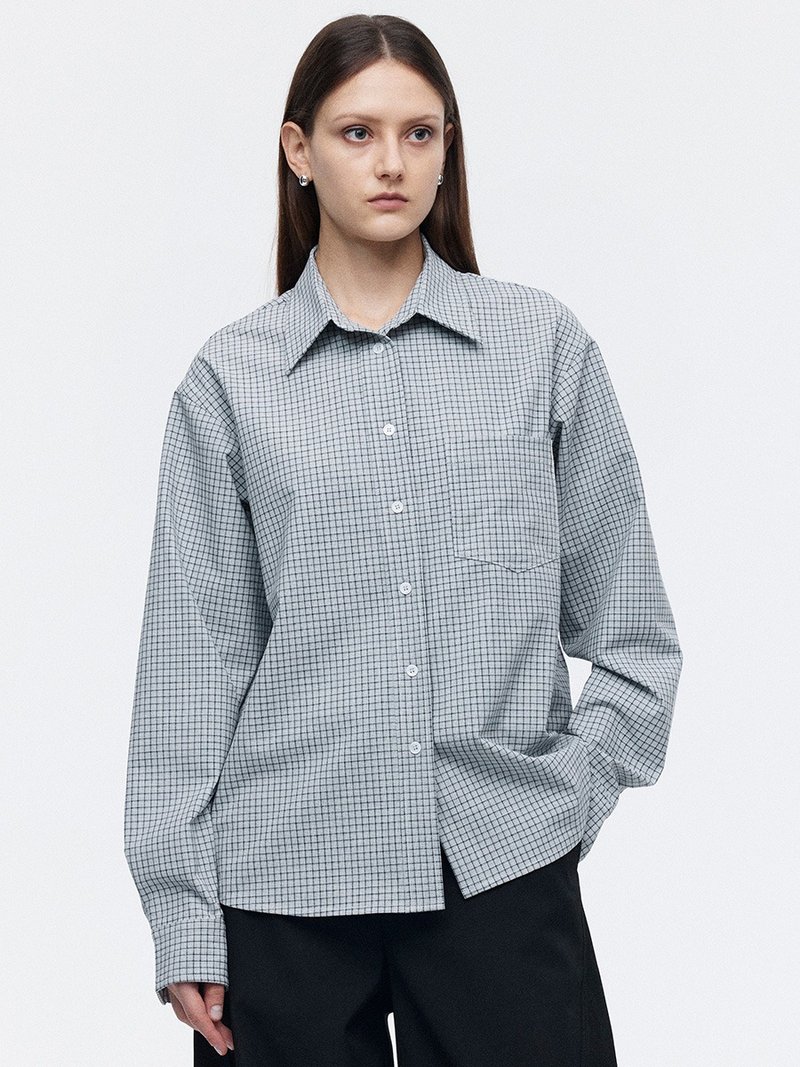 Fine Yarn-Dyed Checkered Shirt | Drape & Wrinkle-Resistant | Adjustable Cinched Waist & Relaxed Fit Drop Shoulder Shirt - Women's Shirts - Polyester Blue
