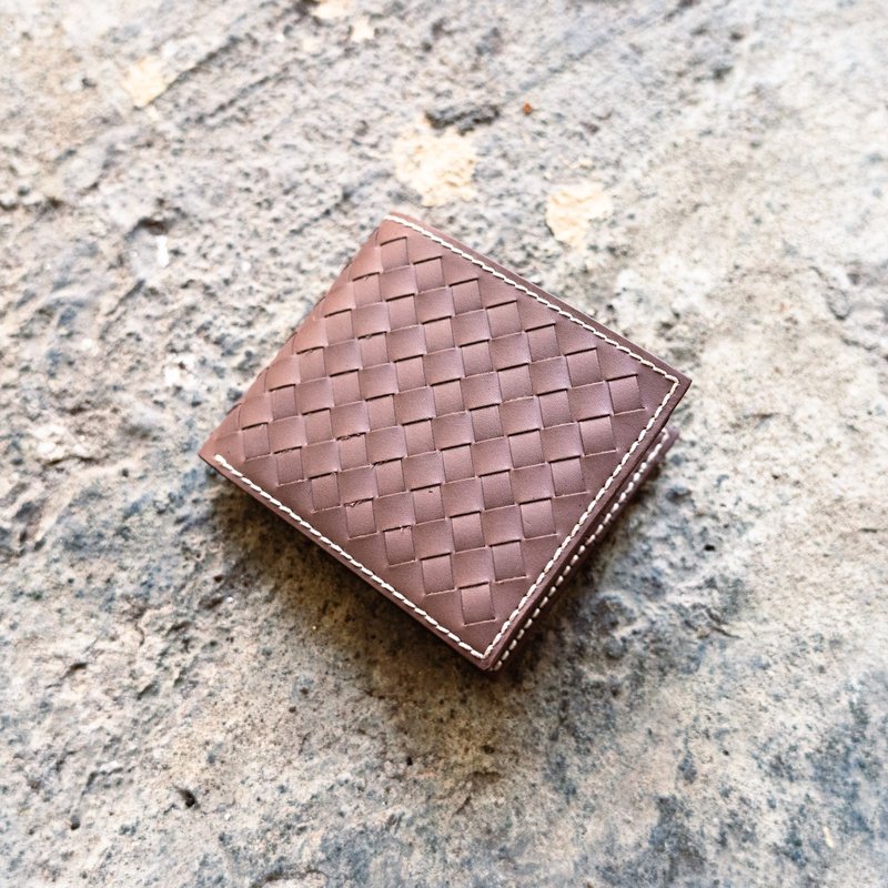 8-Card Braided Short Wallet。Leather Stitching Pack。BSP078 - กระเป๋าสตางค์ - หนังแท้ สีนำ้ตาล