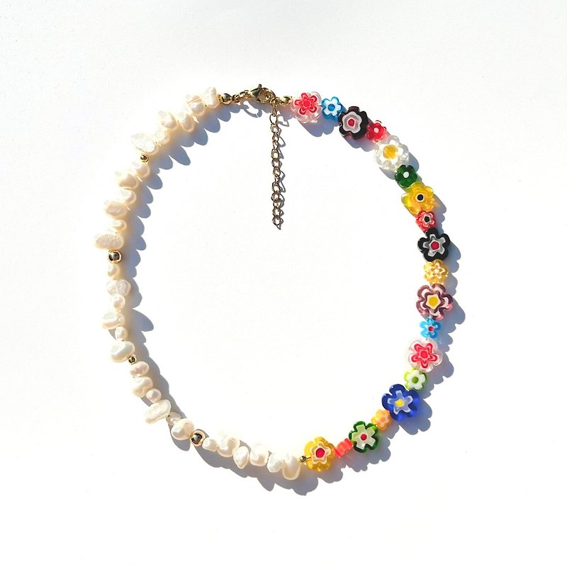 Necklace Havana • Handmade Beach Pearls 18k Gold Millefiori Flower Flower Bead - Necklaces - Pearl Multicolor