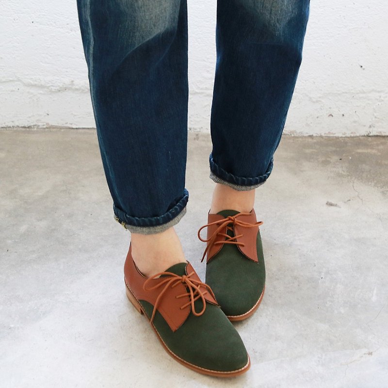 Classic leather strap derby shoes / green X camel / handmade custom / C2-18715L - Women's Leather Shoes - Genuine Leather Green