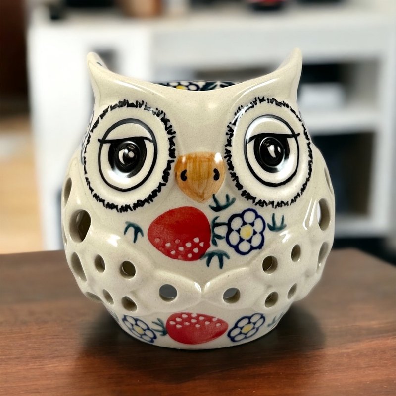 Polish hand-painted handmade pottery-owl essential oil candle holder 11cm wild strawberry series designer model - Candles & Candle Holders - Pottery Red