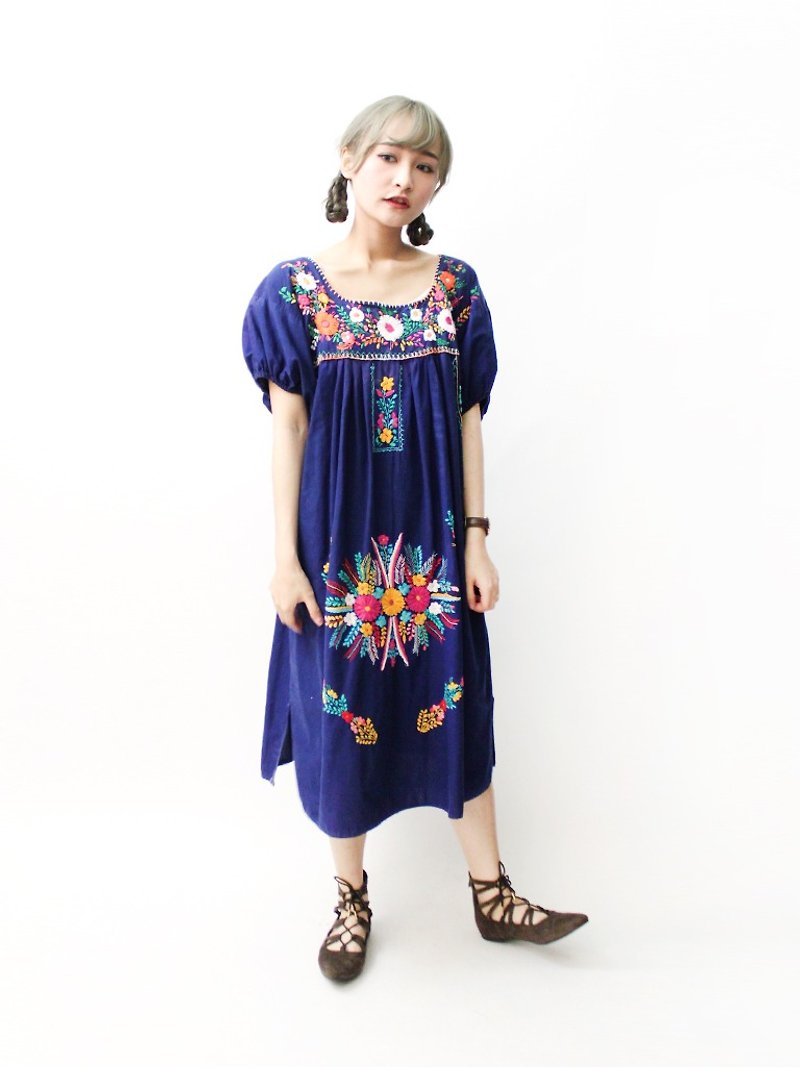 【RE0602MD054】 early summer dark blue flowers hand embroidery American Mexican embroidery ancient dress mexican dress - One Piece Dresses - Cotton & Hemp Blue