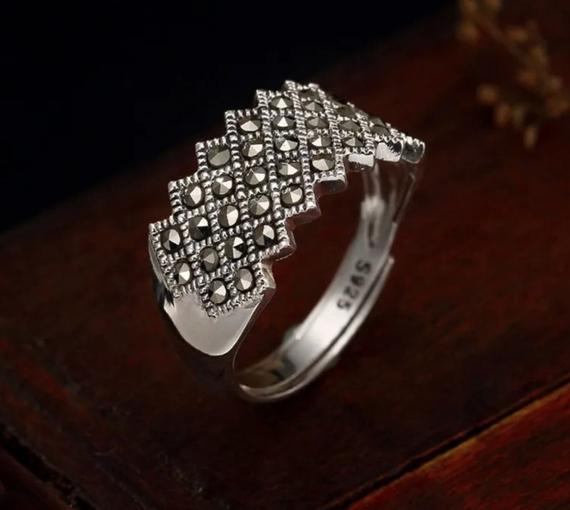 100% Real 925 Sterling Silver Handmade Geometric Open Rings for Women Thai - 戒指 - 純銀 銀色