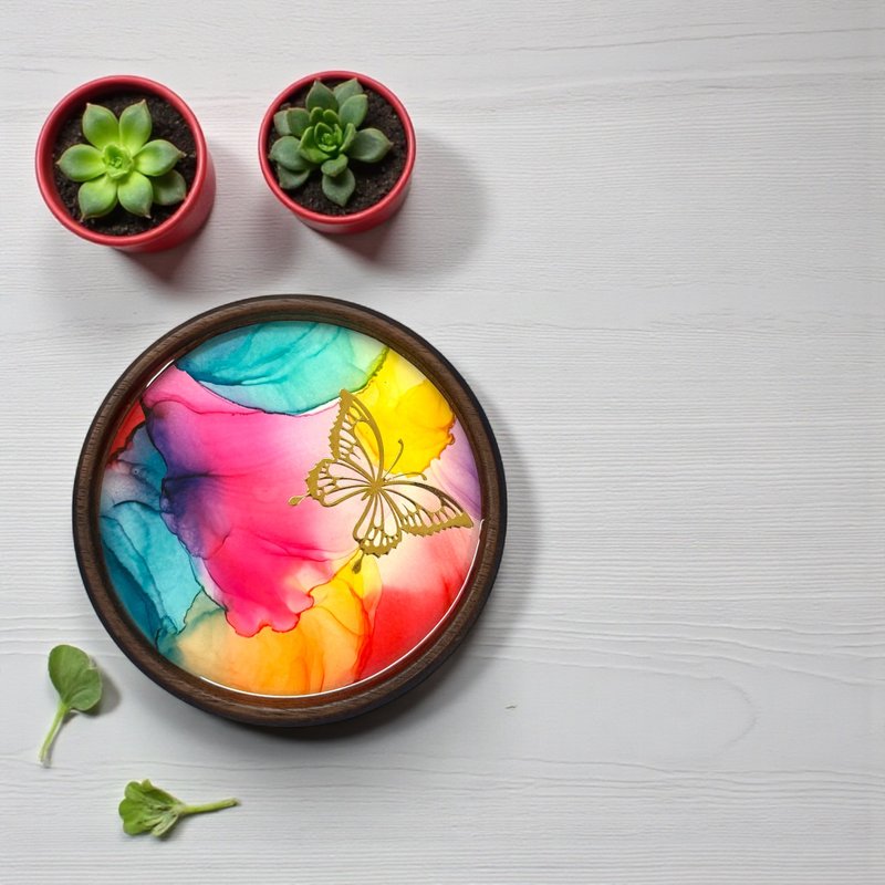 酒精墨水藝術優質胡桃木杯墊 - 蝴蝶 (F) - 擺飾/家飾品 - 其他材質 多色