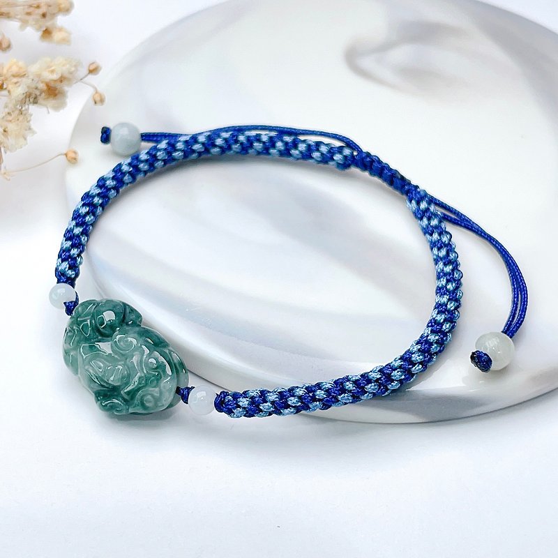 [Lucky Beast] Ice Green Floating Flower Jade Pixiu Braided Bracelet | Natural Burmese Jade Jade A - สร้อยข้อมือ - หยก สีเขียว