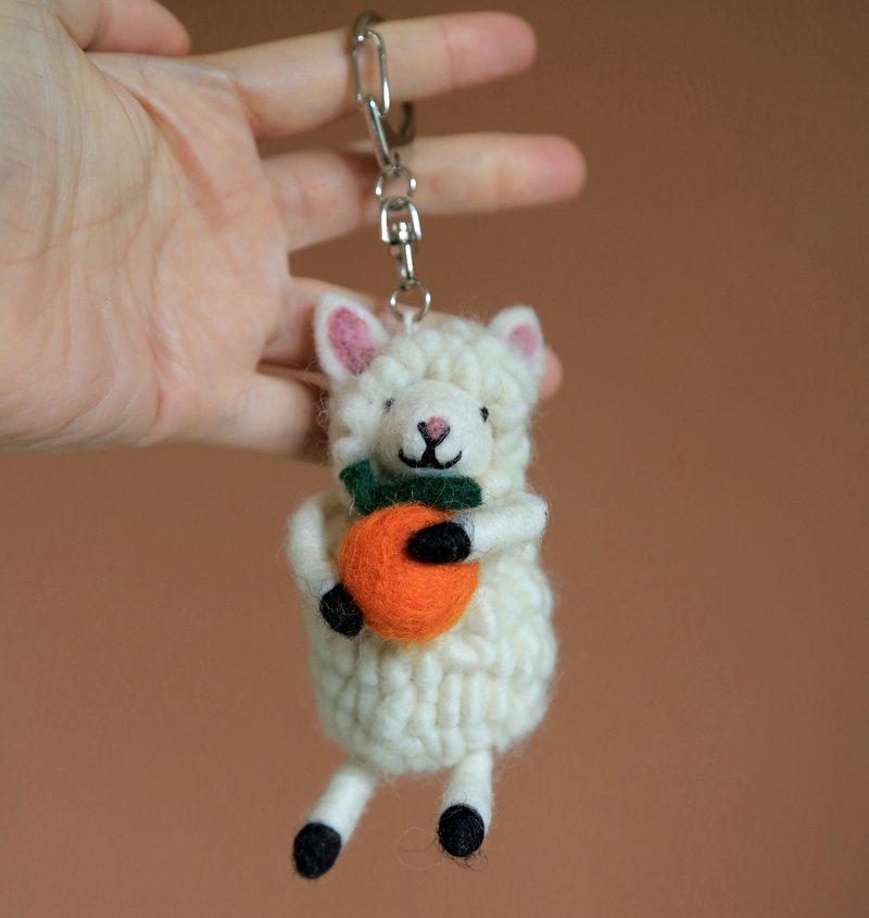 Good luck//wool felt keychain//orange rolled sheep - Keychains - Wool White