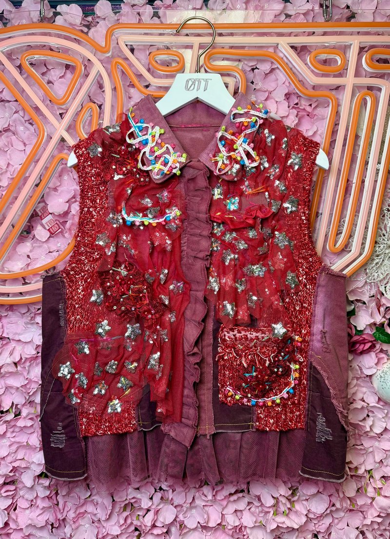 OTT One-of-a-Kind • Unique Japanese Heavy Duty Colorful Iridescent Beaded Embroidery Vest Sweater - Women's Casual & Functional Jackets - Wool Red