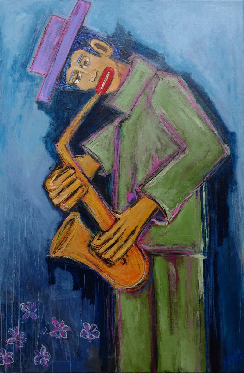 Vibrant Saxophonist Paintings On Canvas Abstract Musician Portrait Expressionist - ตกแต่งผนัง - อะคริลิค หลากหลายสี