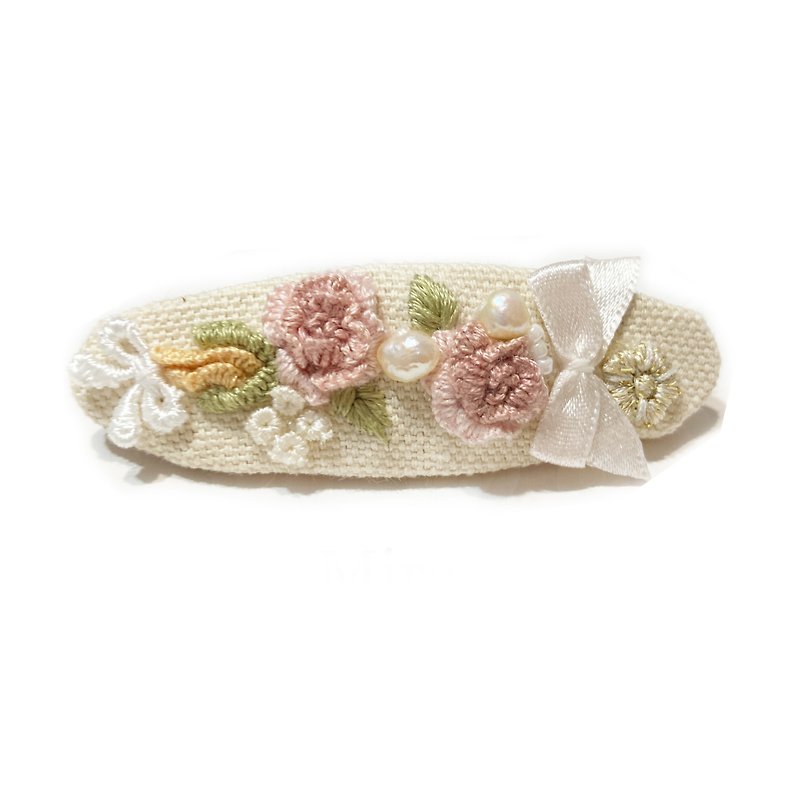 French rose three-dimensional embroidery hair clip - Hair Accessories - Plants & Flowers White