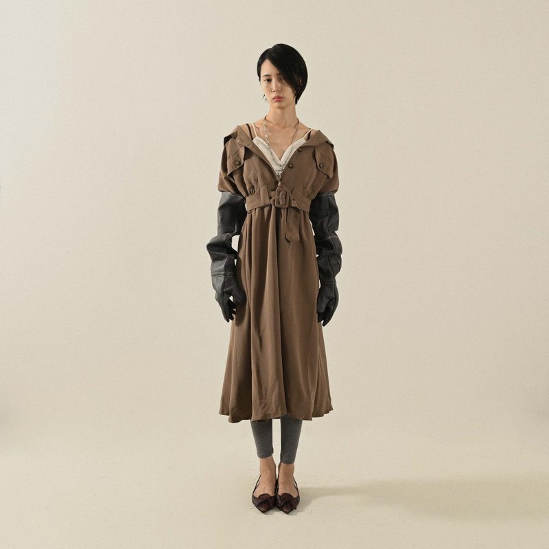 【NaSuBi Vintage】飄逸輪廓純色長版古著風衣 - 女大衣/外套 - 其他人造纖維 