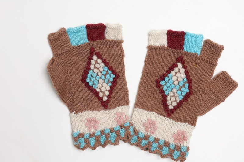 South American Peruvian Pure Alpaca Wool Hand-Knitted Diamond Pattern Fingerless Gloves, Ethnic Style, Unlined - ถุงมือ - ขนแกะ สีนำ้ตาล