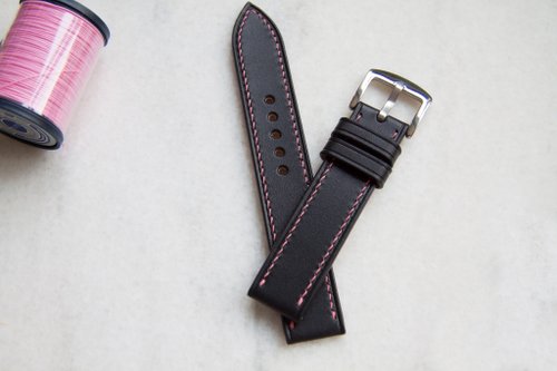 Black leather watch strap with light green stitch - Shop Teckel