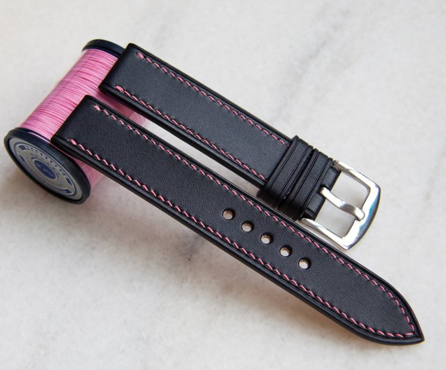 Black leather watch strap with light green stitch - Shop Teckel