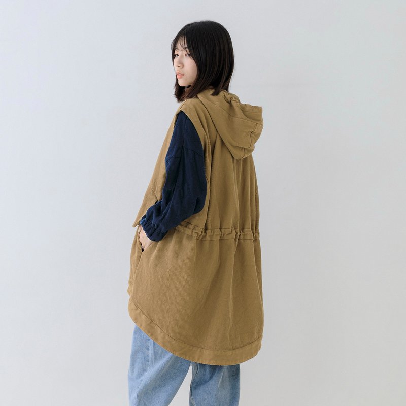 愜意連帽抽繩長版背心 - 背心/無袖上衣 - 棉．麻 咖啡色