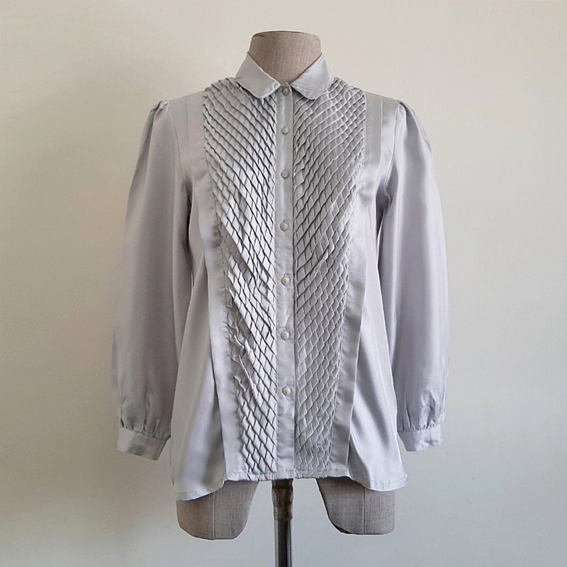XS Vintage Silver Gray Blouse Womens Long Puff Sleeve Top - 女上衣/長袖上衣 - 聚酯纖維 灰色