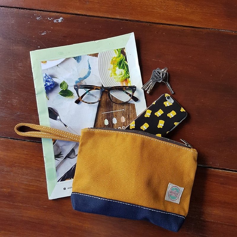 Mustard/Navy Canvas Handbag HB02 / Clutch / daily use - 化妝包/收納袋 - 棉．麻 黃色