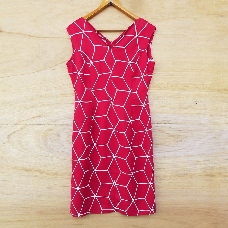 FOAK古著 幾何立方體紋紅洋裝 - 洋裝/連身裙 - 棉．麻 紅色