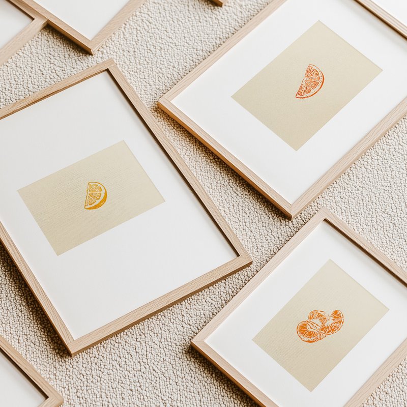 Mini gallery wall set of 3 Vintage citrus orange clementine lemon fruit slice - 壁貼/牆壁裝飾 - 紙 橘色