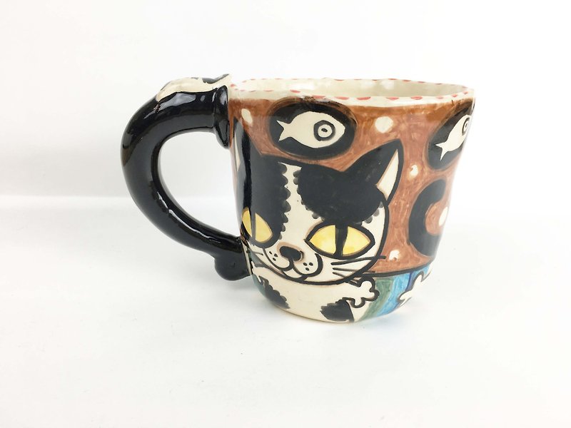 Nice Little Clay handmade mug happy flower cat 0103-13 - แก้วมัค/แก้วกาแฟ - ดินเผา สีนำ้ตาล