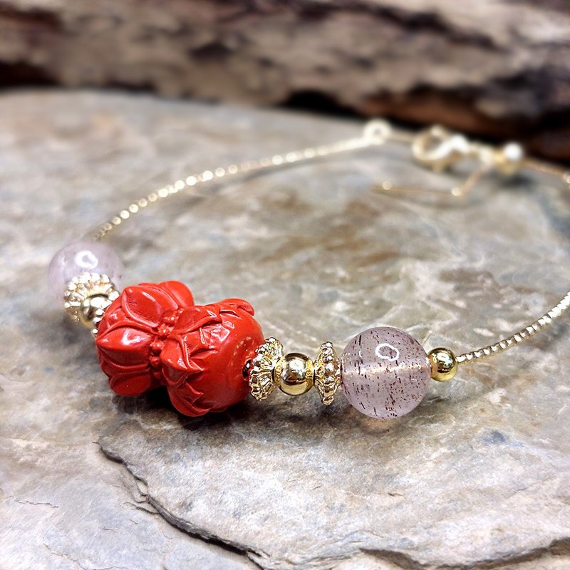 Bailian Haohe Bracelet | Cinnabar | Old Mine Strawberry Crystal | One product, one shot - สร้อยข้อมือ - คริสตัล 