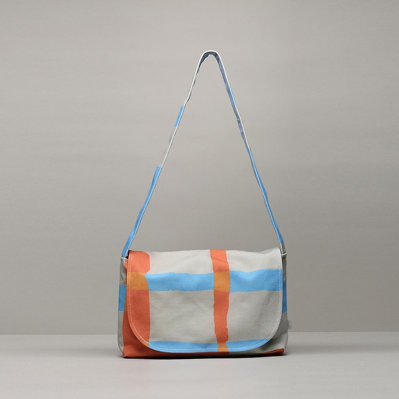 Just good school bag / messenger bag / waterproof paint orange blue - กระเป๋าแมสเซนเจอร์ - ผ้าฝ้าย/ผ้าลินิน สีน้ำเงิน