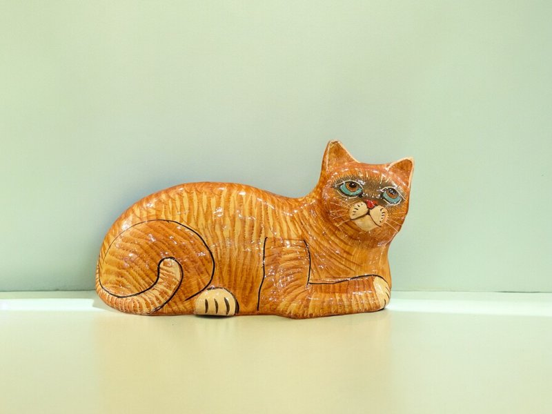 Handmade lacquer paper ware painted cat ornaments from Kashmir, India - Orange Cat - Items for Display - Wood Orange