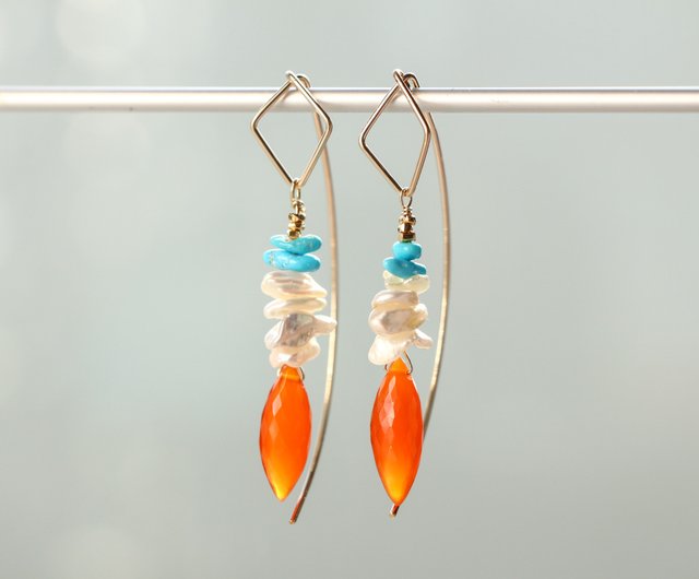 14kgf-carnelian ×turquoise hook pierced earrings - ショップ A.N