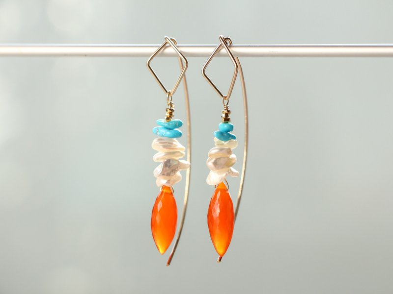 14kgf-carnelian ×turquoise  hook pierced earrings - ピアス・イヤリング - 宝石 オレンジ
