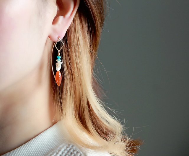 14kgf-carnelian ×turquoise hook pierced earrings - ショップ A.N