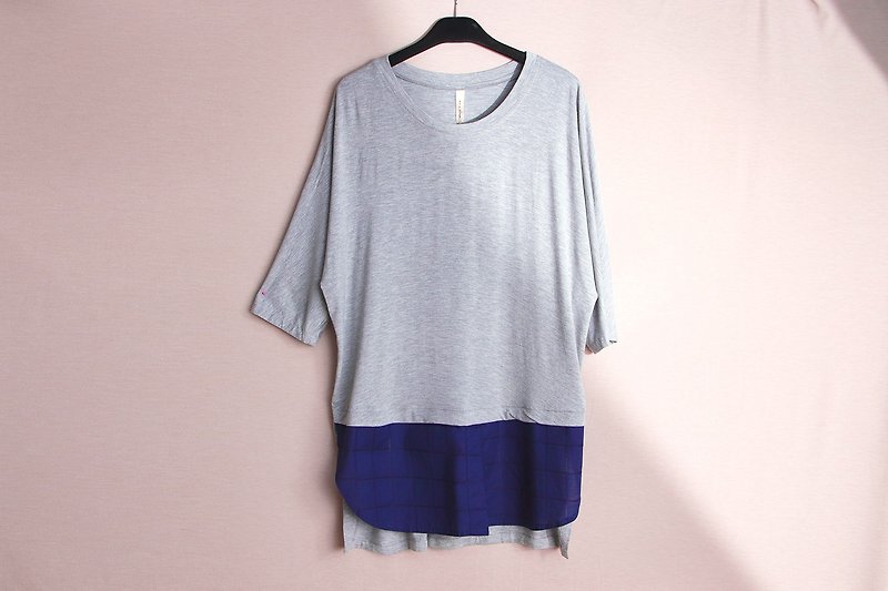 Special * mixed gray fight blue check shirt / T1249 - เสื้อผู้หญิง - ผ้าฝ้าย/ผ้าลินิน สีเทา