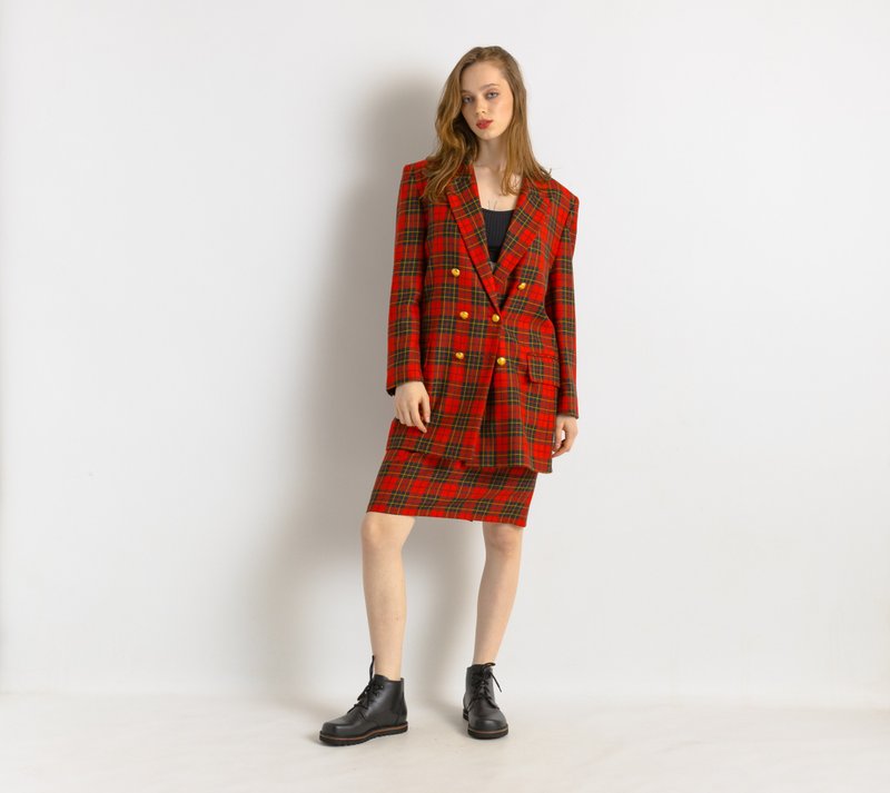 All One Woman Red Checked Suit High Waisted Skirt and Long Sleeves Blazer 7526 - 洋裝/連身裙 - 羊毛 紅色