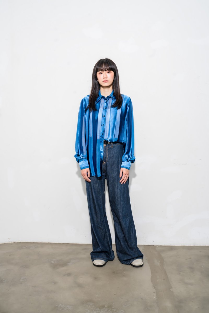 透視條紋長袖襯衫 See-through stripes Long-Sleeved shirt - 女襯衫 - 絲．絹 藍色