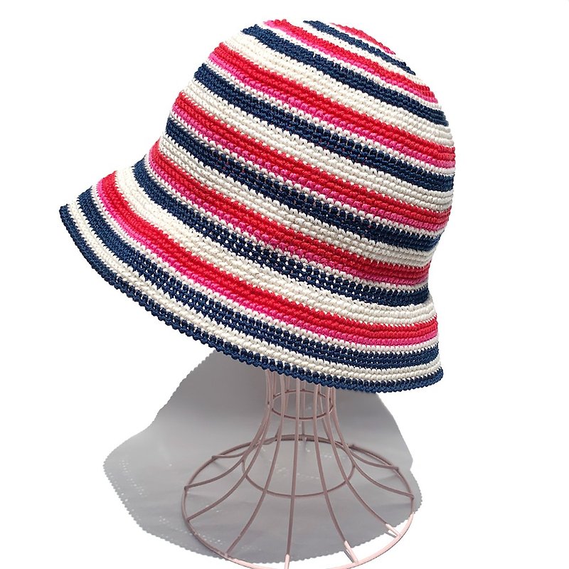 [Crochet Hat] Multi-border crochet hat RED series - หมวก - ผ้าฝ้าย/ผ้าลินิน สีแดง