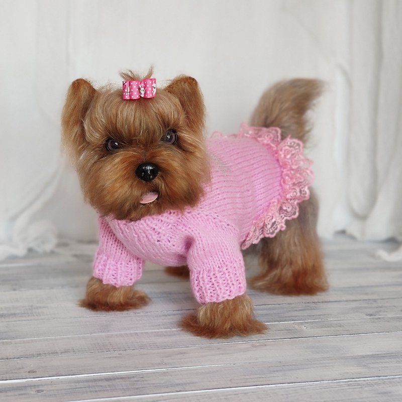 Pink dog sweater for small dog  Girl dog clothes  Dog dress with lace - Clothing & Accessories - Wool Pink