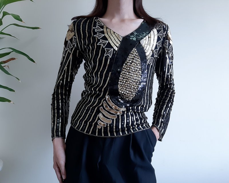 復古亮片上衣 金色和黑色抽象亮片 手工刺繡亮片上衣 - 女上衣/長袖上衣 - 絲．絹 金色