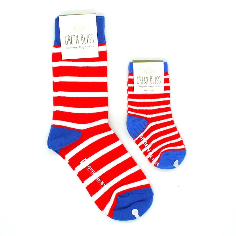 GREEN BLISS 有機印度棉襪 - 親子優惠組合 Cyclamen 藍口白紅條紋 親子襪 (中性) - 圍兜/口水巾 - 棉．麻 多色