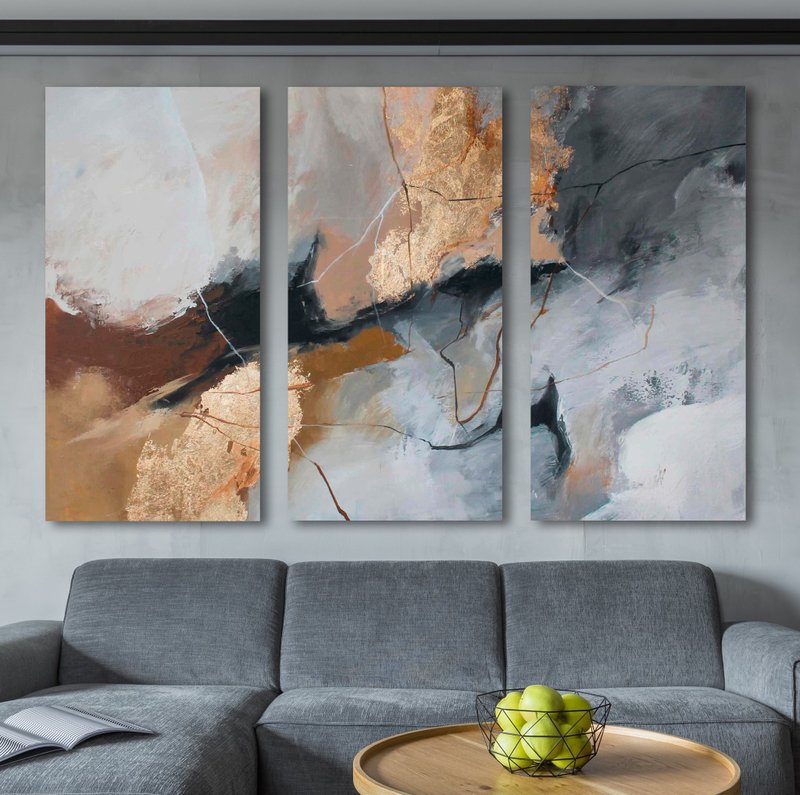 Gray painting | Gray Triptych wall art | Gray abstract | Triptych Desert 2 - 壁貼/牆壁裝飾 - 棉．麻 灰色