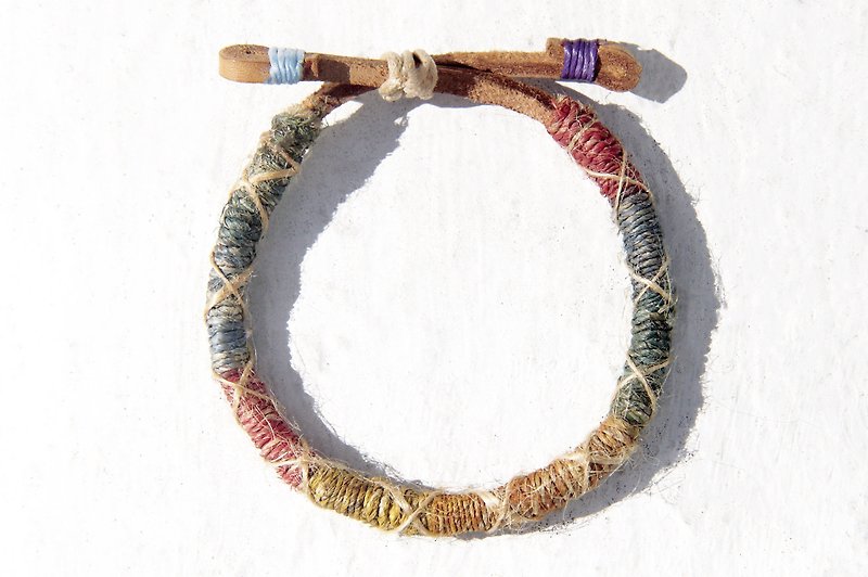 Valentine manual hand rope cotton Linen line leather wristband bracelet - rainbow color gradient (adjustable) - Bracelets - Cotton & Hemp Multicolor