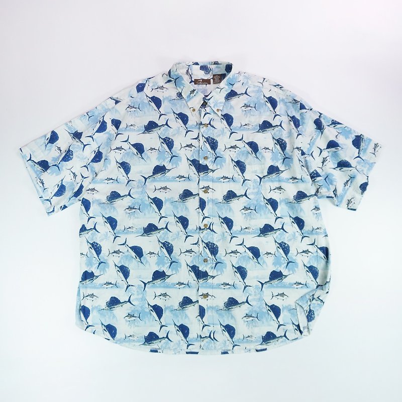 About vintage. Café Luna Coconut Fish Shirt - เสื้อเชิ้ตผู้ชาย - ผ้าฝ้าย/ผ้าลินิน สีน้ำเงิน