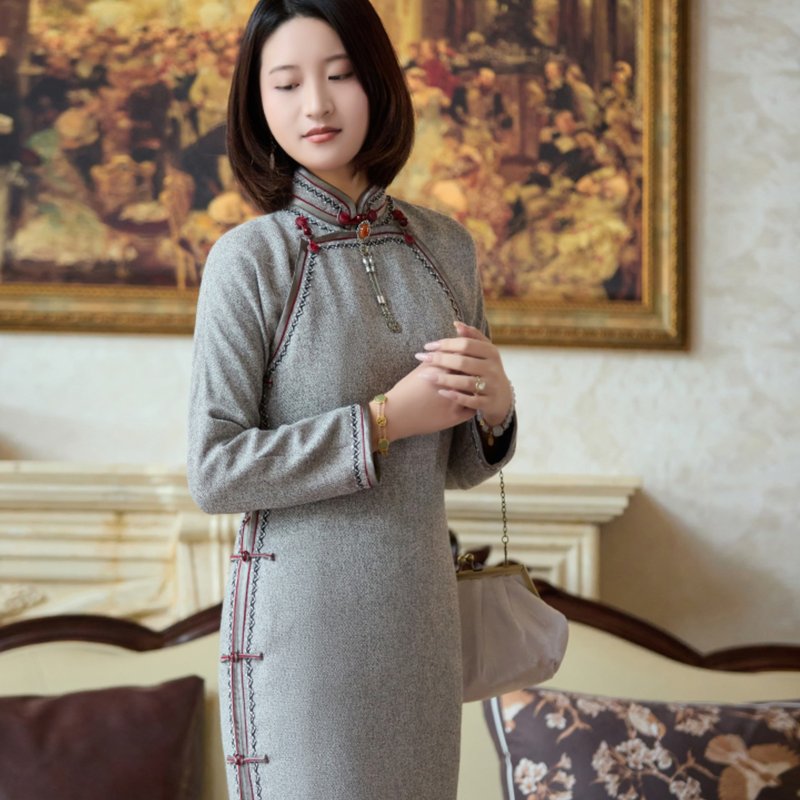 【ルージュボタン】新チャイニーズレトロ/ダブルブレストチャイナボタンウールチャイナドレス - チャイナドレス - その他の素材 グレー