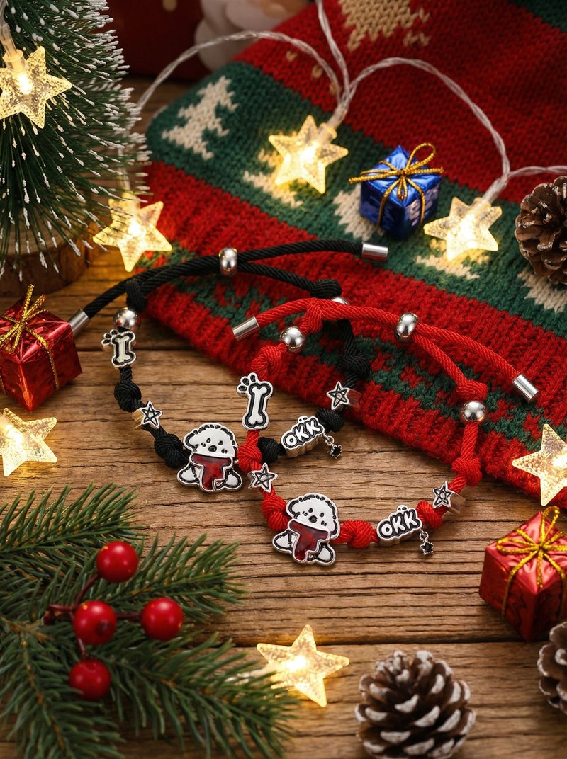 新年聖誕小狗編繩可愛情情侶手鍊 男女同款 節慶禮物 - 手鍊/手環 - 棉．麻 紅色