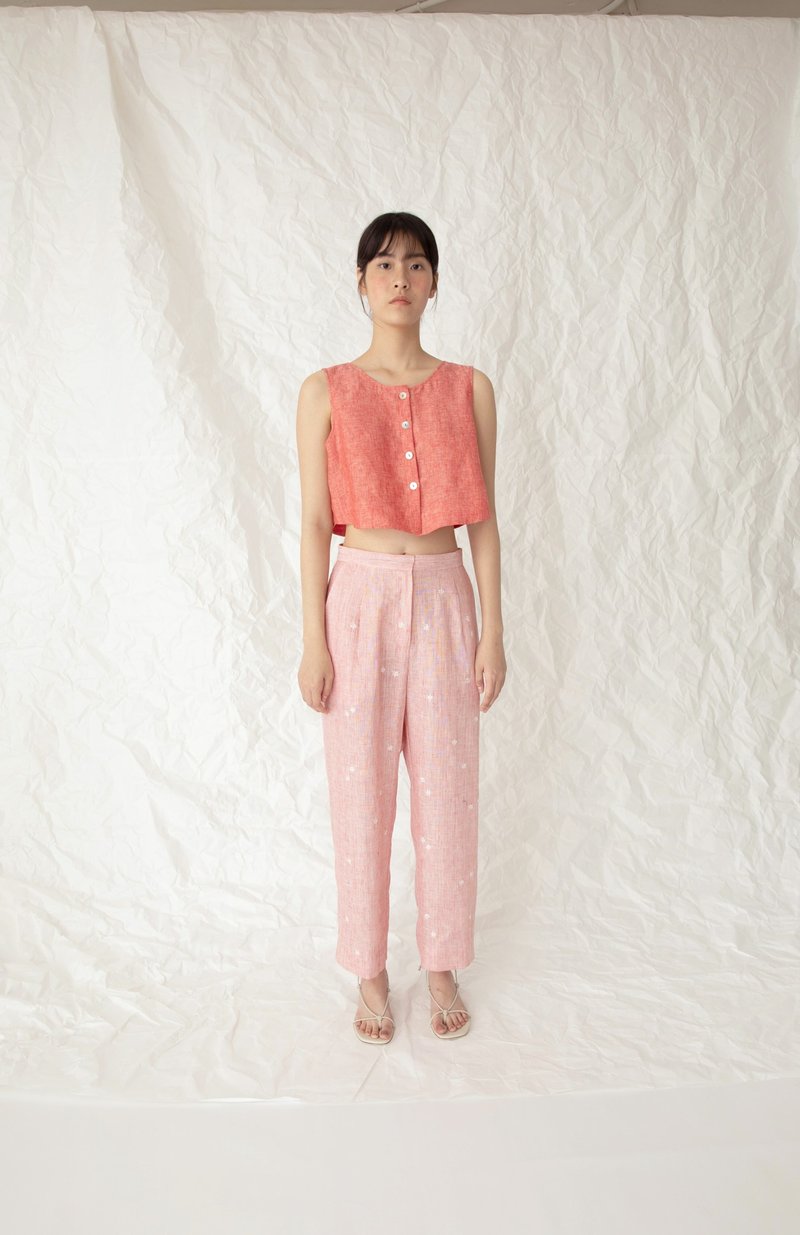 Embroidered small straight narrow pressed pants - กางเกงขายาว - ผ้าฝ้าย/ผ้าลินิน 