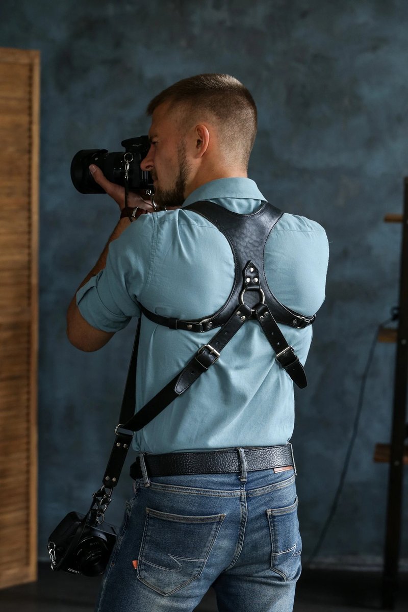 Camera Harness, Dual Camera Strap, Camera Strap, Dual Camera Harness, Leather Ca - 腰帶/皮帶 - 真皮 黑色